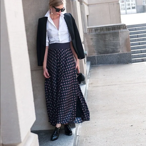 Banana Republic Silk Navy Red Printed Maxi Skirt